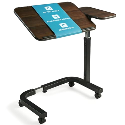 EazyMobility Eazy Overbed Table with Wheels U Shaped Base Height Adjustable Gas Lever Extra Wide Base Tilting Wood Top Heavy Duty Carbon Steel for Elderly Care Recovery Disabled and Home Use