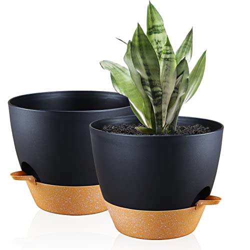 FORAGIFT Macetas de 25 cm con autorriego para interiores, paquete de 2 macetas grandes de plástico con depósito profundo y agujeros de drenaje altos para plantas y flores de interior y exterior, color