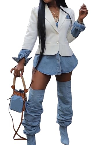 Vaceky Women's Denim Shirt-Tail Blazer Pearl Buttons Slit Jean Cuffs Business Jacket