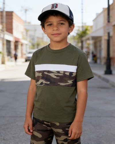 Image of OLMRJKD Boys 2 Piece Outfits Color Block Clothes Short Sleeve T Shirt and Camouflage Pants Summer Clothing Sets