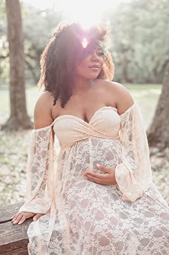 Saslax Lace Off Shoulder Doubly Split A-Line Skirt Maternity Dress Soft Stretchy Pregnancy Prop Maxi Gown For Photoshoot Champagne Small #TOP2