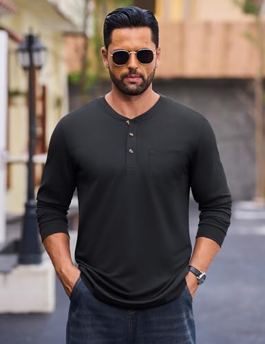 MAGNIVIT Mens Henley Shirts Long Sleeve with Pocket Fall Cotton Casual T-Shirts Plain Moisture Wicking Tee with 3 Button2