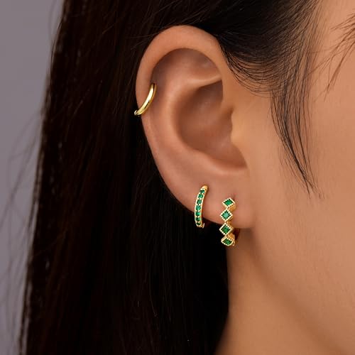 Gold Black Huggie Hoop Earrings Set for Women, Small Dainty Green Simple Hypoallergenic Stud Earring Stack, Trendy Fashion Jewelry Gifts for Women4