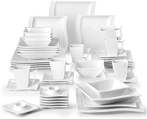 MALACASA, Series Flora, 42-Piece Dinner Set Wave Shaped Ivory White Porcelain Tableware Set with 6-Piece Cups/Saucers/Dessert Plates/Soup Plates/Cereal Bowl/Egg Cups/Dinner Plates, Service for 6