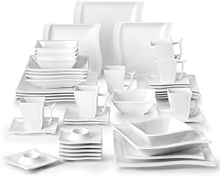 MALACASA, Series Flora, 42-Piece Dinner Set Wave Shaped Ivory White Porcelain Tableware Set with 6-Piece Cups/Saucers/Dessert Plates/Soup Plates/Cereal Bowl/Egg Cups/Dinner Plates, Service for 6