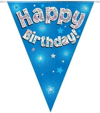 Happy Birthday Blue Holographic Foil Party Bunting 3.9m Long 11 Flags