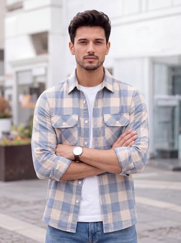 Image of Amazon Brand - INKAST Men's Cotton Blend Button Down Shirt || Long Sleeve Casual Flannel Check Shirt || Soft Breathable Lightweight Collared Shirts with Two Flap Chest Pockets || Stylish Everyday Wear