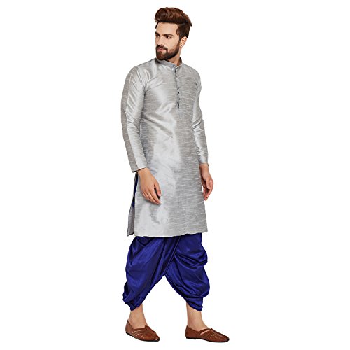 Image of SOJANYA (Since 1958 Men's Off-White and Gold Dupion Silk Dhoti Kurta Set