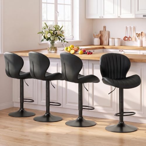Image of COLAMY Bar Stools Set of 4,Swivel Adjustable Height Leather Bar Chair,Black