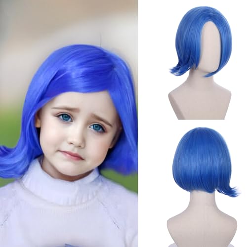 WAVELNM Kids Blue Wig Child Short Bob Wig with Bangs Dark Blue Bob Wig for Girls Kids Cosplay Wig Synthetic Wigs with Wig Cap