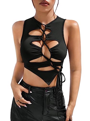 OYOANGLE Women's Cut Out Lace Up Round Neck Tie Front Asymmetrical Hem Crop Tank Top