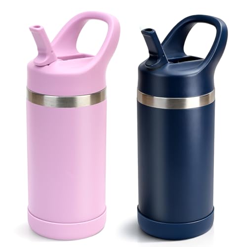 Hydraful 12oz Kids Water Bottle with Straw Lid, Vacuum Insulated Stainless Steel Bottle | Leak-Proof BPA-Free Sports Water Bottle for Toddlers & Kids, Keeps Drinks Cold & Hot for School, Tra