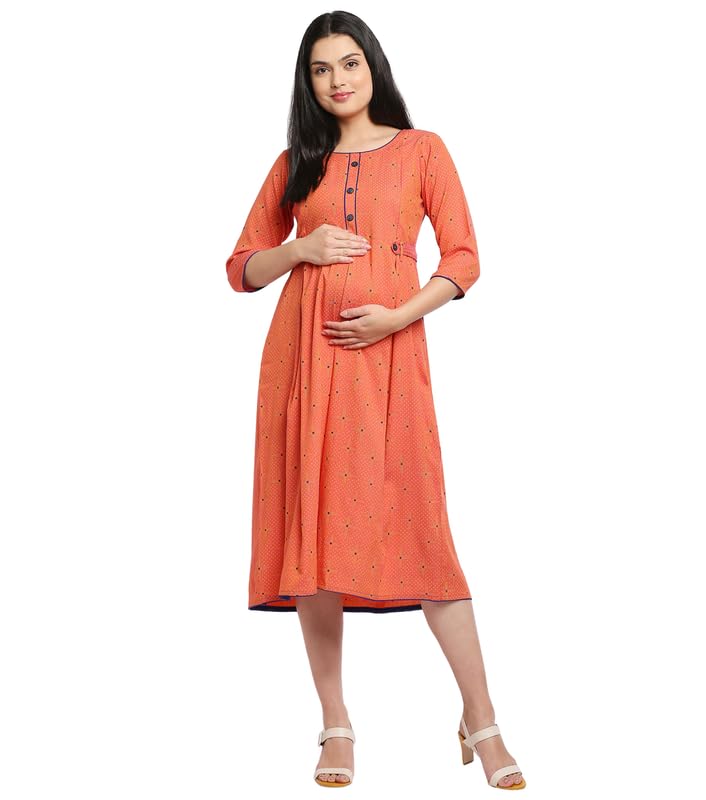 True Shape Feeding Kurtis for Women Cotton | Trendy Maternity Anarkali Kurta with Dual Nursing Zippers in Viscose Rayon for Pre & Post Pregnancy(TSF-138-XL, Bright Peach)