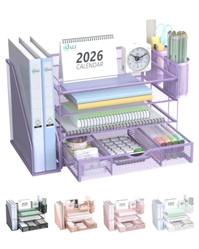 Image of WALI Desk File Organizer, 4 Tier Desktop Paper Letter Tray Organizer with Drawer and 2 Pen Holders, Office Desk Accessories & Workspace Organizers for Office, Home Supplies(DO005DH-V), 1 Pack, Purple