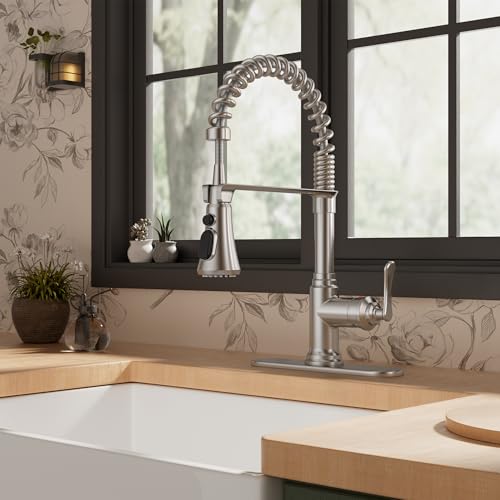 Image of FORIOUS Rustic Kitchen Faucet with Pull Down Sprayer Brushed Nickel, 3 Modes Stainless Steel High Arc Vintage Spring Sink Faucet 1 or 3 Holes for Pot Filler, Farmhouse Camper Wet Bar