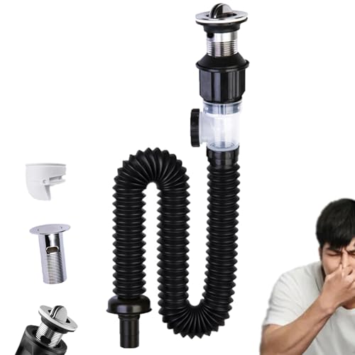 Lyoveu Stainless Steel Floor Drain Filter Washbasin Plug, Telescopic Anti-odour Drain Pipe, Drainage Sink Drain Connection Hose Double-head, Stainless Steel Washbasin Deodorant Drain Pipe Set