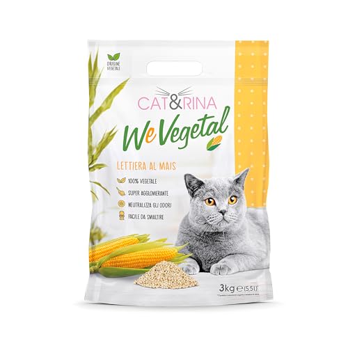 Cat&Rina WeVegetal Arena Aglomerante para Gatos. Arena de maíz 100% de Origen Vegetal. hasta 30 Días de Uso. Desechable en el Orgánico o en el Inodoro | Paquete de 5,5 L