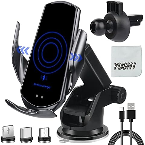 YUSHI Wireless Car Charger for All Smartphones,15W Qi Fast Charging, Automatic Sensor Auto-Clamping Car Phone Holder, Windshield Dashboard Air Vent Car Phone Mount Cover