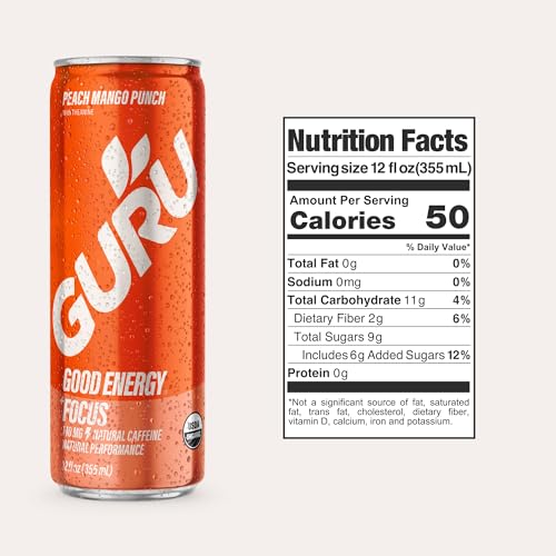 Image of GURU Organic Energy Drink, Peach Mango Punch, 12 Fl Oz, 24 Pack