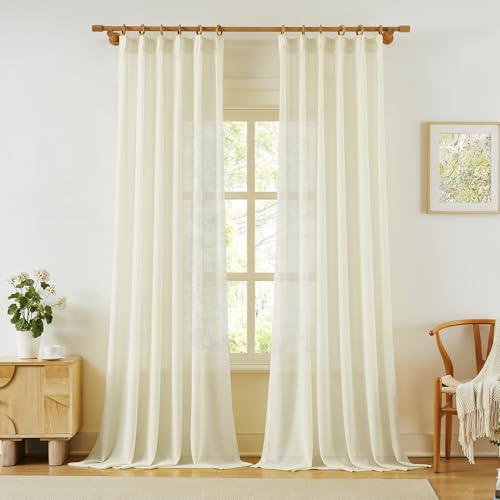 KangBang Pleated Sheer Curtains 102 Inch Length 2 Panel Sets, Light Filtering Textured Sheer Voile Drapes for Bedroom Kids Playroom, Natural Light Softening Elegant Window Treatments,42x102, Beige