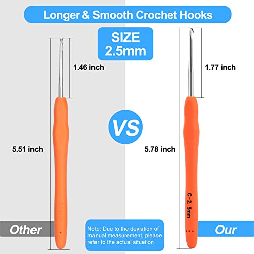 Image of Vodiye Professional Extra Long 2.5mm Crochet Hooks, Ergonomic Handle Set for Beginners & Experienced Lovers