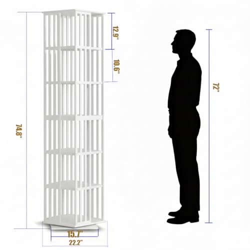 Image of Lauxery 6 Tier Bamboo Rotating Bookshelf Tower, Revolving Bookcase, White | 1200 lbs capacity, small footprint, 360 degree rotation, dual shelf heights, holds books and DVDs, for living room, bedroom