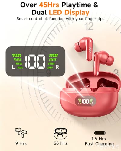 Image of AOC Wireless Earbuds, Bluetooth 6.0 Earbuds with Noise Cancelling Clear Call Pure Sound Bass 45hrs Playtime Bluetooth Earphones with LED Display Light Weight Dual EQ System for Phones /Laptop /Sports