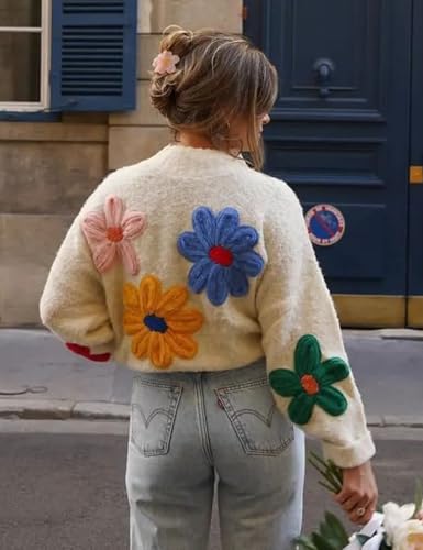 Image of Yimoon Women's Cropped Floral Sweater 2024 Fall Winter Cute Crochet Flower Long Sleeve Knit Pullover Tops(White-M), Medium