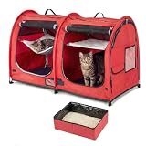 Mispace Portable Twin Compartment Show House Cat Cage/Condo - Easy to Fold & Carry Kennel - Comfy Puppy Home & Dog Travel Crate with Portable Carry Bag/Two Hammocks/Mats and Collapsible Litter Box