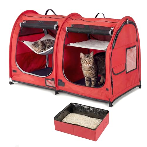 Mispace Katzenkäfig, tragbar, mit zwei Fächern, einfach zu falten und transportieren, bequem, für Welpen, Zuhause Hunde, tragbarer Tragetasche/zwei Hängematten/Matten zusammenklappbarer Katzentoilette