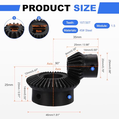 Image of uxcell 2Pcs Tapered Bevel Gears Set, 1.5 Mod 1:2 (15T /30T) Harden Steel Straight Bevel Gear, 90 Degree Steering Motor Gears, (6 /14mm Shaft Hole with Keyway)