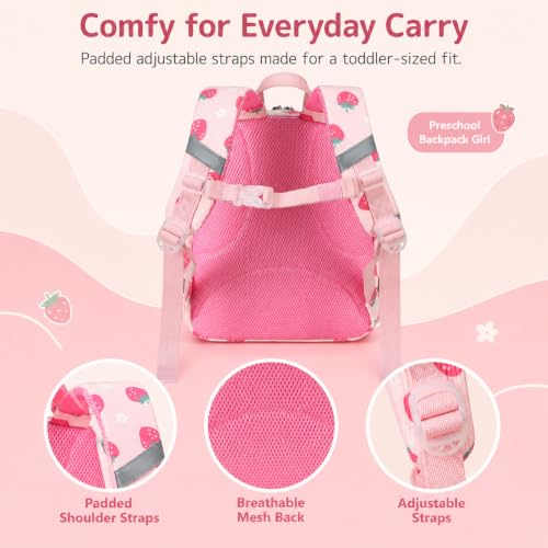 Image of LOIDOU Toddler Backpack for Girls Ages 2-4, 12 Inch Mini Preschool Daycare Bookbag with Insulated Snack Pocket, Corduroy Small Kids Travel Backpack, Pink Strawberry