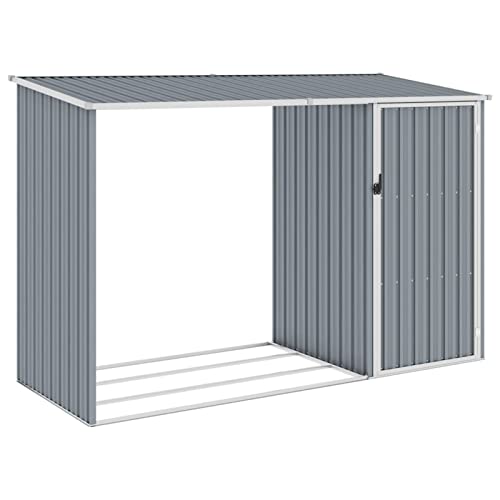 IKAYAA 2 en 1 Casetilla para Leña Metálica, Leñero Exterior, Soporte para Leña de Exterior, Cobertizo Caseta Jardín de Leña Acero Galvanizado Gris 245x 98 x 148/159 cm