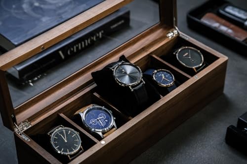Image of Wooden Watch Box | 5 Slot Rectangular Sheesham Wood Watch Organizer | Handmade Watch Storage Case for Men & Women | Wooden Watch Holder Gift Box