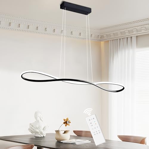 LXJCSM Lámpara Colgante LED Moderna, Lámpara de Cocina de 90cm con Regulador de Intensidad, Lámpara Colgante de Altura Ajustable para Salón, Led Techo de Diseño Lineal de 32W (Negro)