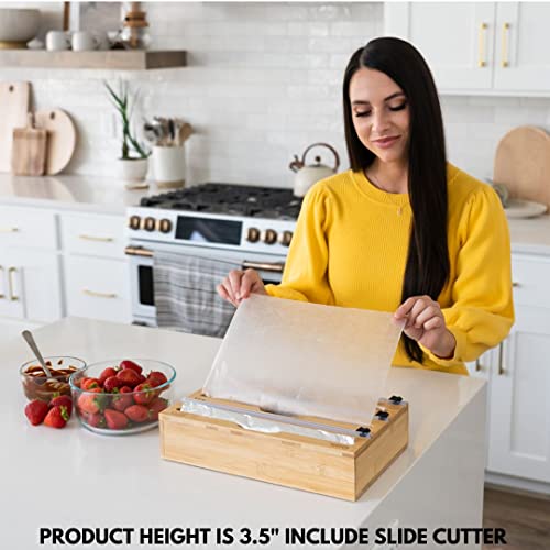 Qasic 3-In-1 Plastic Wrap Dispenser, Organiser With Cutters For Cling Film, Aluminum Foil, And Parchment Wax Paper, Bamboo Holder Storage Box With Laser Engraved Letters - Fits 12" Rolls #TOP5