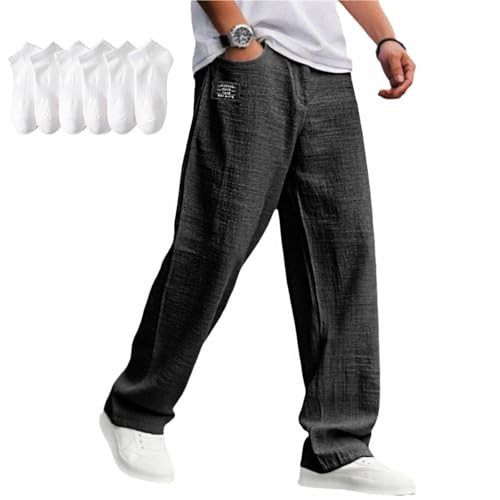 Mokaloha Mens Pants - Pacificozy Men's Casual Hemp Embroidered Logo Drawstring Loose Elastic Waist Pocket Trousers