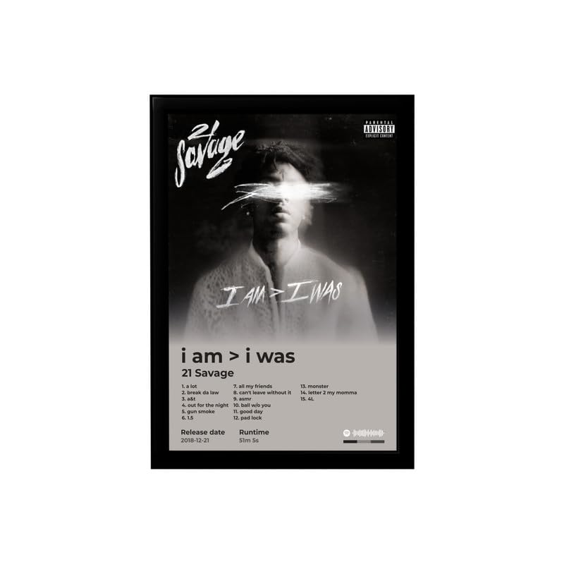 Image of BLINKART 21 Savage - I am I Was Wall Photo Frames | Wall Art for Bedroom, Living Room, Studio or Office | Album Cover Print with Spotify Song Link QR Code | Gift for Fans - 8x12 In