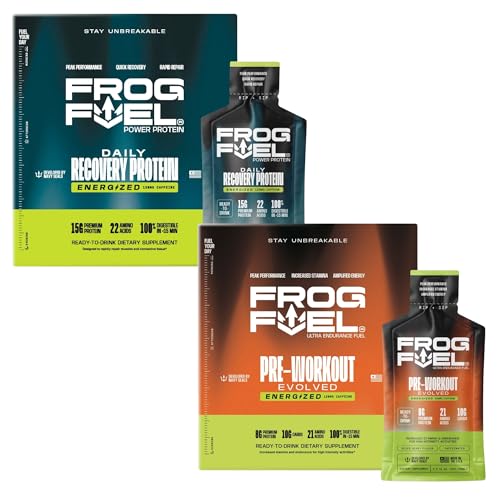 Frog Fuel Bundle de Shots Pré-treino Power Energized e Ultra, proteína de colágeno 8 g, sabor Berry, 48 sachês