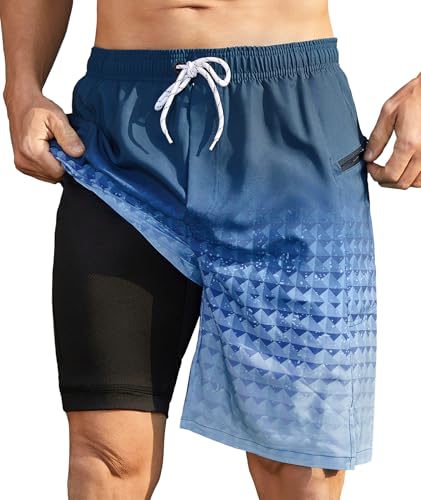 wunjqen - wunjqen Mens Swim Trunks with Compression Liner - 9 Inch Gradient Green Board Shorts with Zipper Pockets, Large (33% Off Amazon Deal)