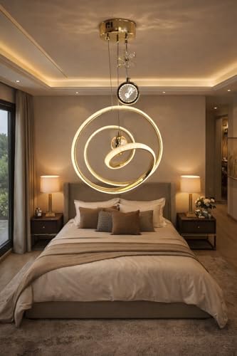Image of Premium LED Ring Stylish Gold Finish with 3 Different Color Mode (Warm White, Cool White, Neutral White) Changing Chandelier with Height Adjustable Hanging for Bedroom, Living, Dining,and Home