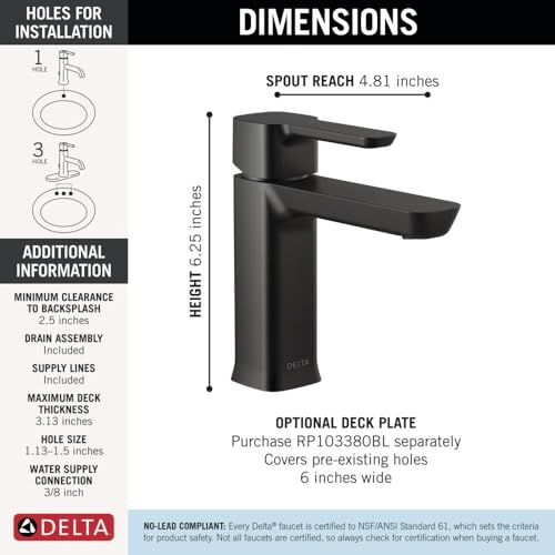 Image of Delta Modern Matte Black Bathroom Faucet 1 Hole, Single Hole Bathroom Sink Faucet for Vanity, Push-Pop Drain Assembly, Matte Black 581LF-BLGPM-PP