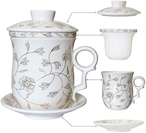 Tea Talent Porcelain Tea Cup with Infuser Lid and Saucer Sets - Chinese Jingdezhen Ceramics Coffee Mug Teacup Loose Leaf Tea Brewing System for Home Office