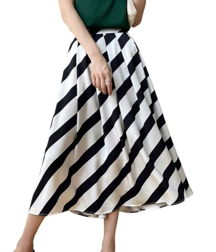 chouyatou Women's Color Block Striped Pleated Skirt High Elastic Waist A Line Business Casual Midi Long Skirt