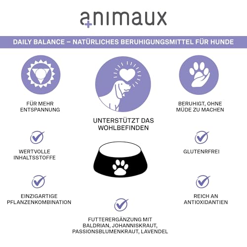 Beruhigungstabletten für Hunde – Bei Stress, Angst & Reisen – Mit Baldrian, Johanniskraut & Lavendel – Pflanzlich – 40 Stück – animaux Daily Balance