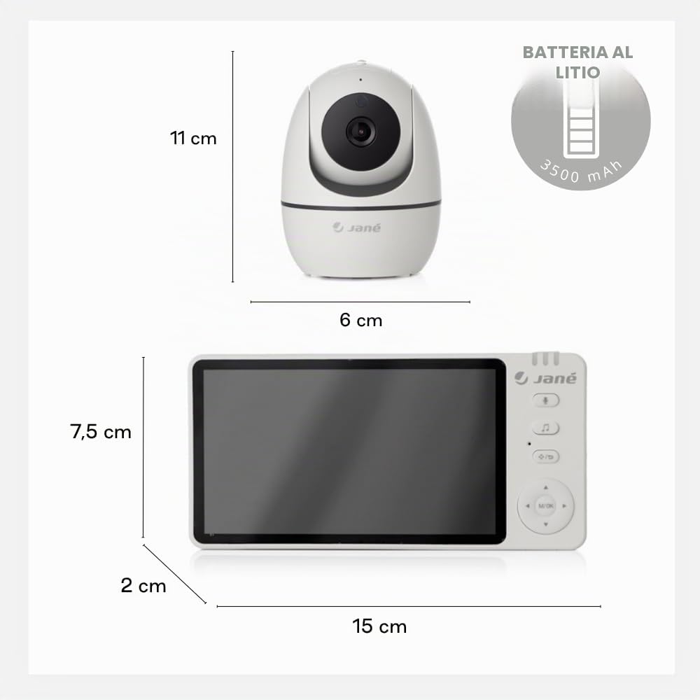 Jané Eye Pro Baby Monitor, Baby Monitor con Telecamera Rotante, Inclinazione Motorizzata, Display da 5”, Audio Bidirezionale, Visione Notturna, con Musica, Basso Consumo