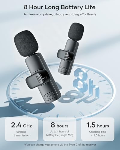 Image of Wireless Lavalier Microphone for iPhone iPad and Android Phone, 2 Pack Lapel Mic Plug and Play Wireless Mic Noise Reduction Microphone for Video Recording Interview Podcast (Black)