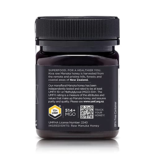 Kiva Raw Manuka Honey, Certified Umf 15+ | Mgo 514+ | 100% Pure Genuine New Zealand (8.8Oz/250G Bottle) | Non-Gmo | No Antibiotics | Traceable | Umf & Mgo Certified #TOP6