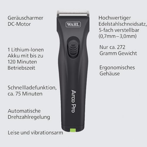 Rotschopf24 Edition: Akku Schermaschine Arco Pro für Wahl Hundeschermaschinen Liebhaber, ein XL Akku + 8 Metallaufsteckkämme + Tasche. Automatische Drehzahlegelung. Leise & leicht. 44204