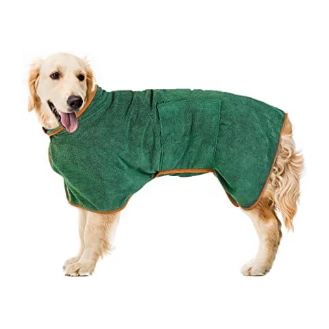 Pejoye Dog Drying Coat, Absorbent Dog Bathrobe Towel, Microfibre Dog Bath Robe Towel - Fast Drying Pet Dressing Gown, Pet Bath Towel with Magic Sticker Collar & Waist, Green, M Cover